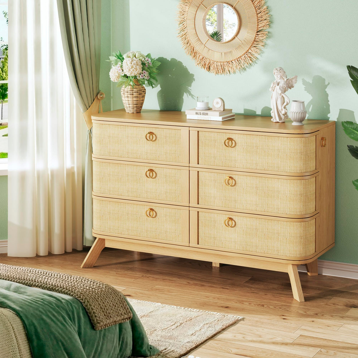 HUAHUU 6 Drawer Rattan Dresser for Bedroom, 43'' Fluted Modern Wooden Dresser with Metal Handles&Wood Legs, Curved Profile Design, Boho Chest of Drawers for Bedroom, Living Room, Natural HUAHUU