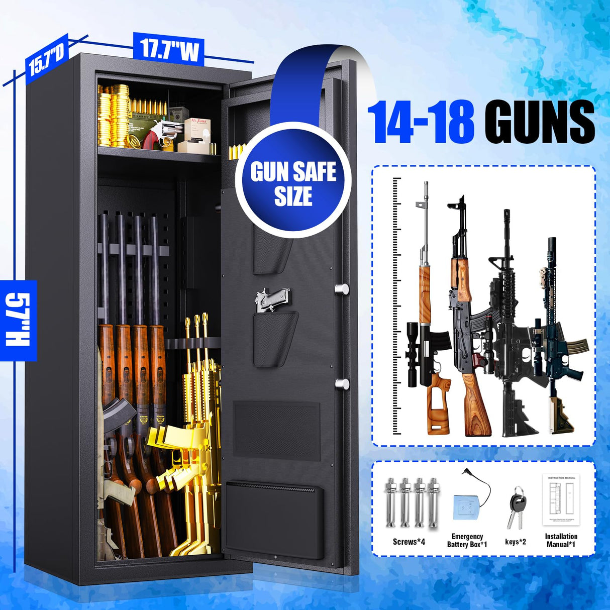TXTDPL 14-18 Gun Safe,Gun Safe Biometric Fingerprint Fireproof,Quick Access Gun Cabinets for Rifles and Shotguns with Removable Shelves,Easy Assembly,Led Light (57" H X 17.7" W X15.7 D) TXTDPL