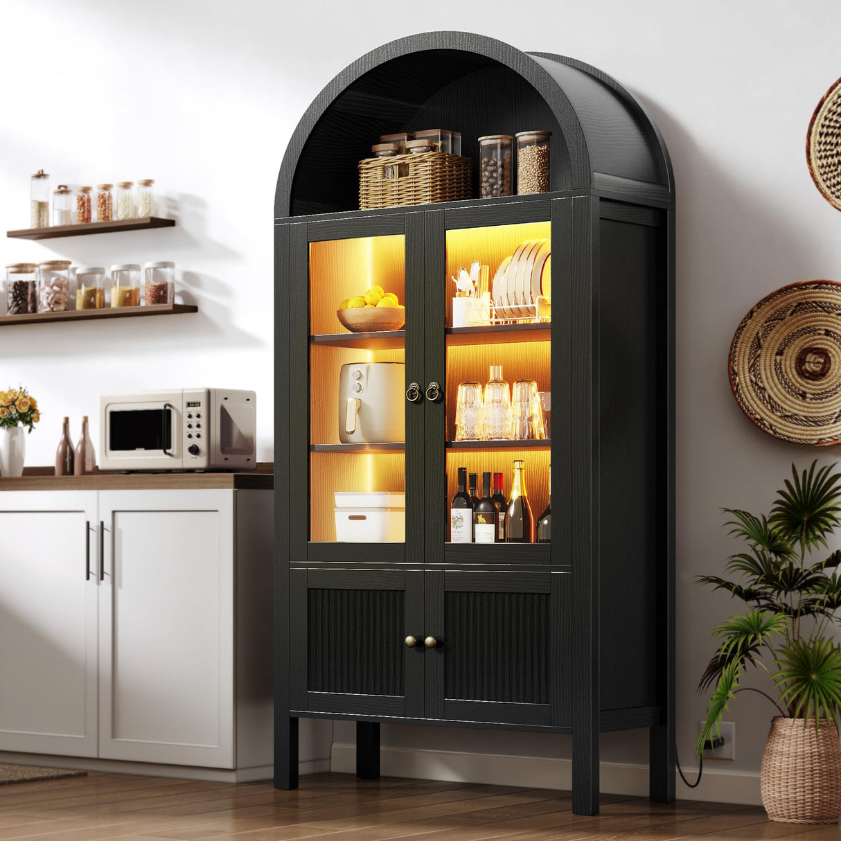 DWVO 71" Tall Arched Cabinet Kitchen Pantry with LED Light/Wood Kitchen Storage Cabinets with Tempered Glass Doors and Adjustable Shelves/Bookcase Cabinet with Storage for Dining Room-Black DWVO