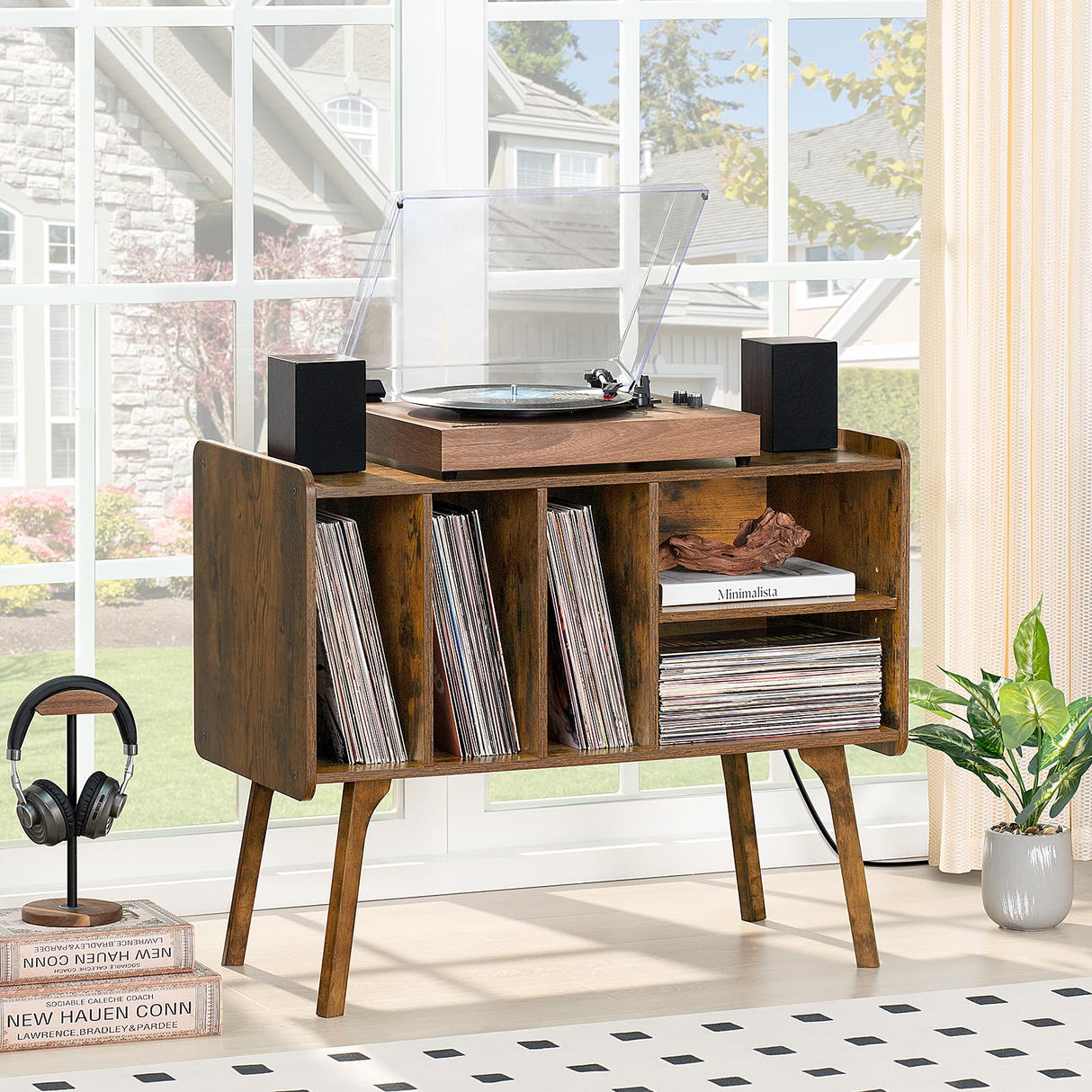 Lerliuo Record Player Stand with Charging Station Holds Up to 220 Albums, Brown Turntable Stand with 4 Cabinet, Large Mid-Century Record Player Table,Vinyl Holder Storage for Bedroom Living Room Lerliuo