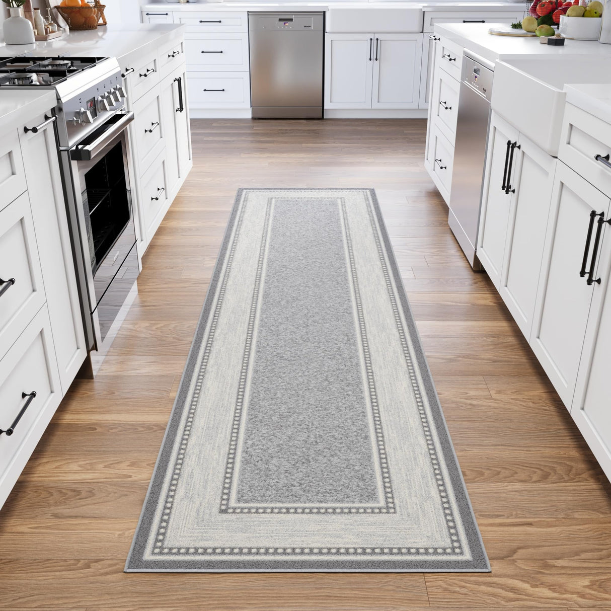 Machine Washable Bordered Design Non-Slip Rubberback 3x10 Traditional Runner Rug for Hallway, Kitchen, Bedroom, Living Room, 2'7" x 9'10", Light Gray Ottomanson
