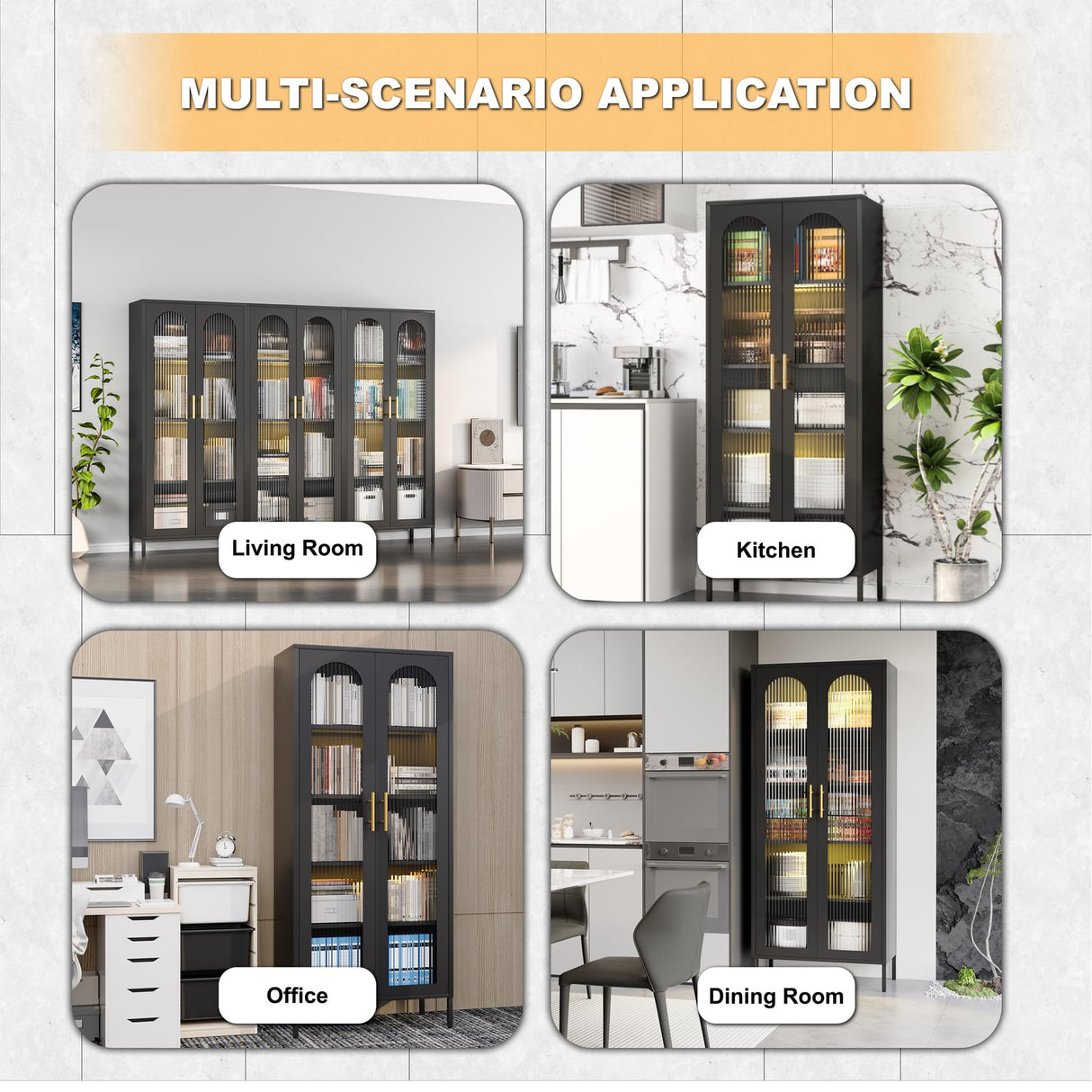 OSEILLC Metal Storage Cabinet,71" Display Cabinet with Fluted Glass Doors,Tall Display Curio Cabinet with Doors and Shelves,Black Cabinet for Pantry,Kitchen,Living Room OSEILLC
