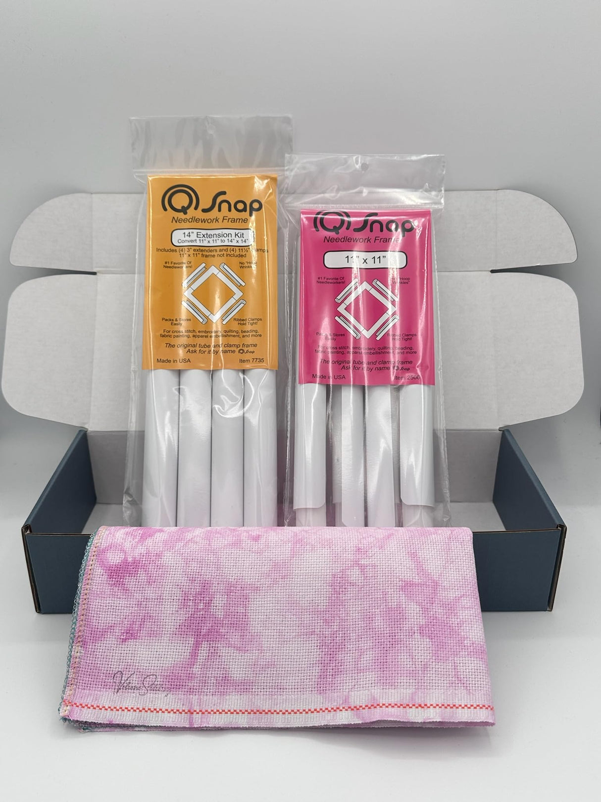 Q Snap Embroidery Frame Needlework Bundle - 11x11 inch Q-Snap Frame and 14 inch Extension Kit Set with Hand-Dyed Aida 16 Count Cross Stitch Fabric by VolcanoStitching VolcanoStitching