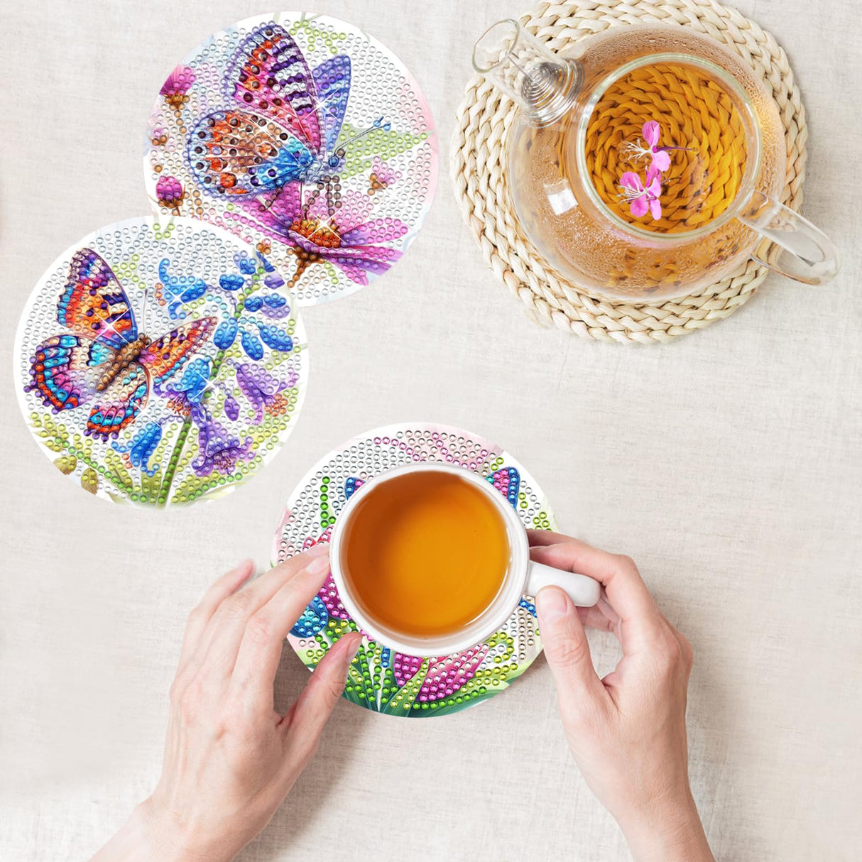 TDOOW Diamond Art Painting Coasters Kit, 8 Pcs Colorful Butterfly Diamond Art Coasters with Holder, DIY Diamond Painting for Adults Beginners TDOOW