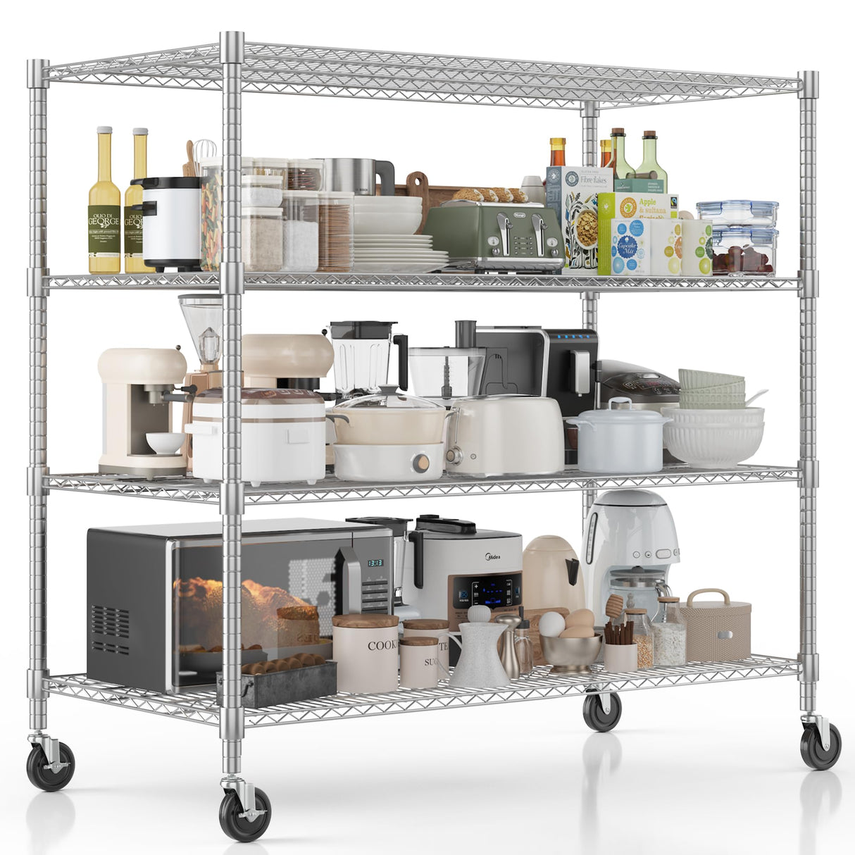 Homdox Heavy Duty Metal Shelves for Storage, 4 Tier Storage Racks and Shelving, Commercial Adjustable Wire Shelving Unit on Wheels, Garage Rack Pantry Shelves Kitchen Shelving, 24"x60"x72", Chrome Homdox