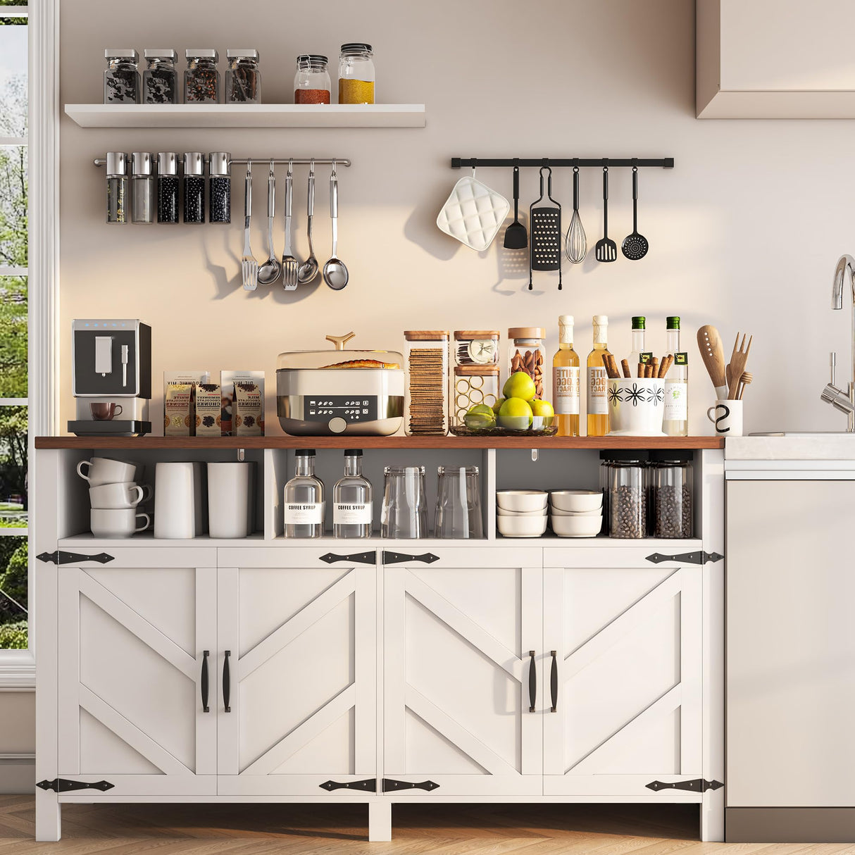 knoworld Buffet Sideboard with Storage Farmhouse with 4 Doors, 55'' Large Kitchen Storage Cabinet Wood Coffee Bar Cabinet Buffet Table with Shelves for Kitchen, Dining Room, Entryway knoworld