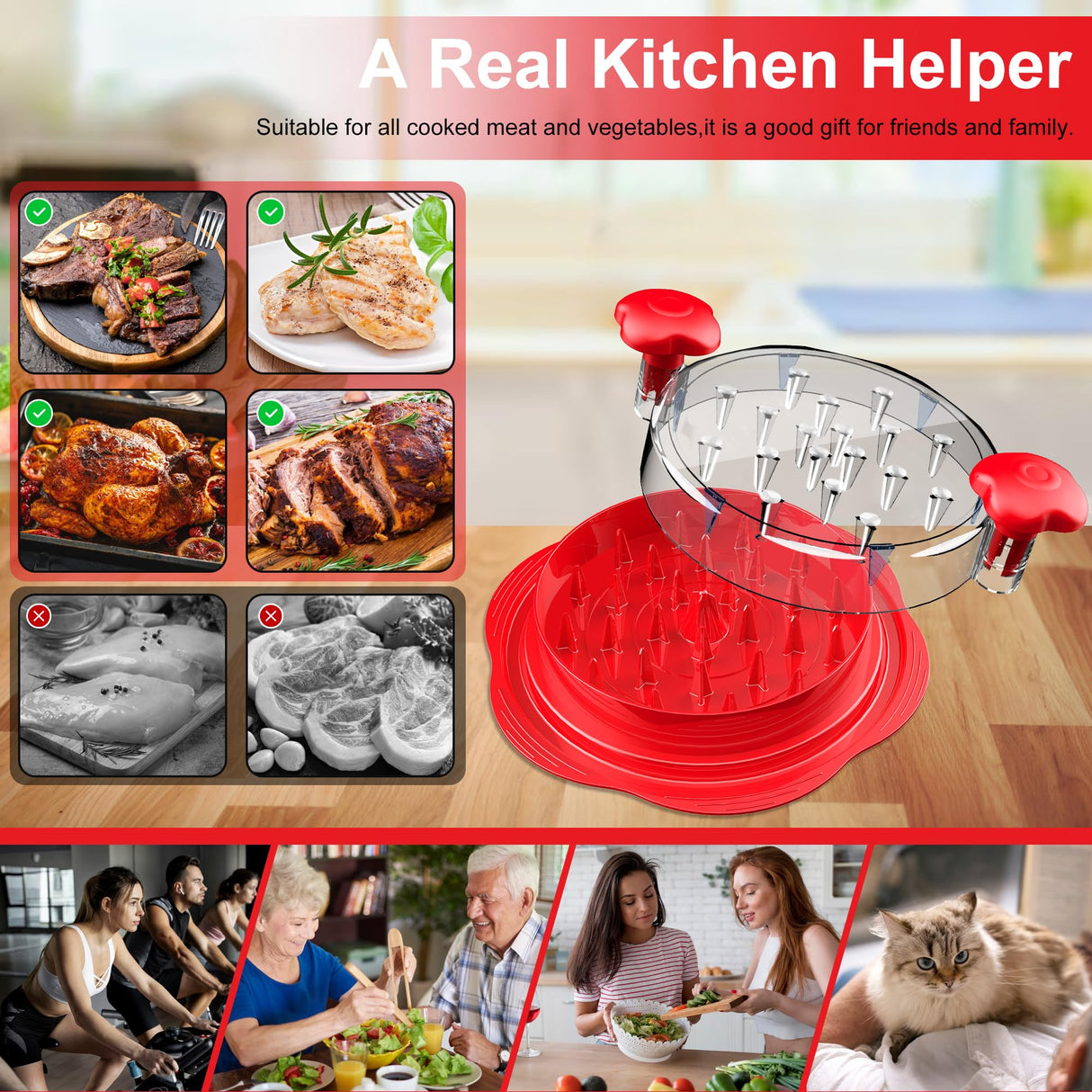 SURETIVIAN Chicken Shredder Large Chicken Breast Shredder Tool Twist with Brush&Fork, Visible Meat Shredder Machine, Anti-Slip Strip, Ergonomic Handle, BPA Free, Suitable for Pork Beef Chicken(Red) SURETIVIAN