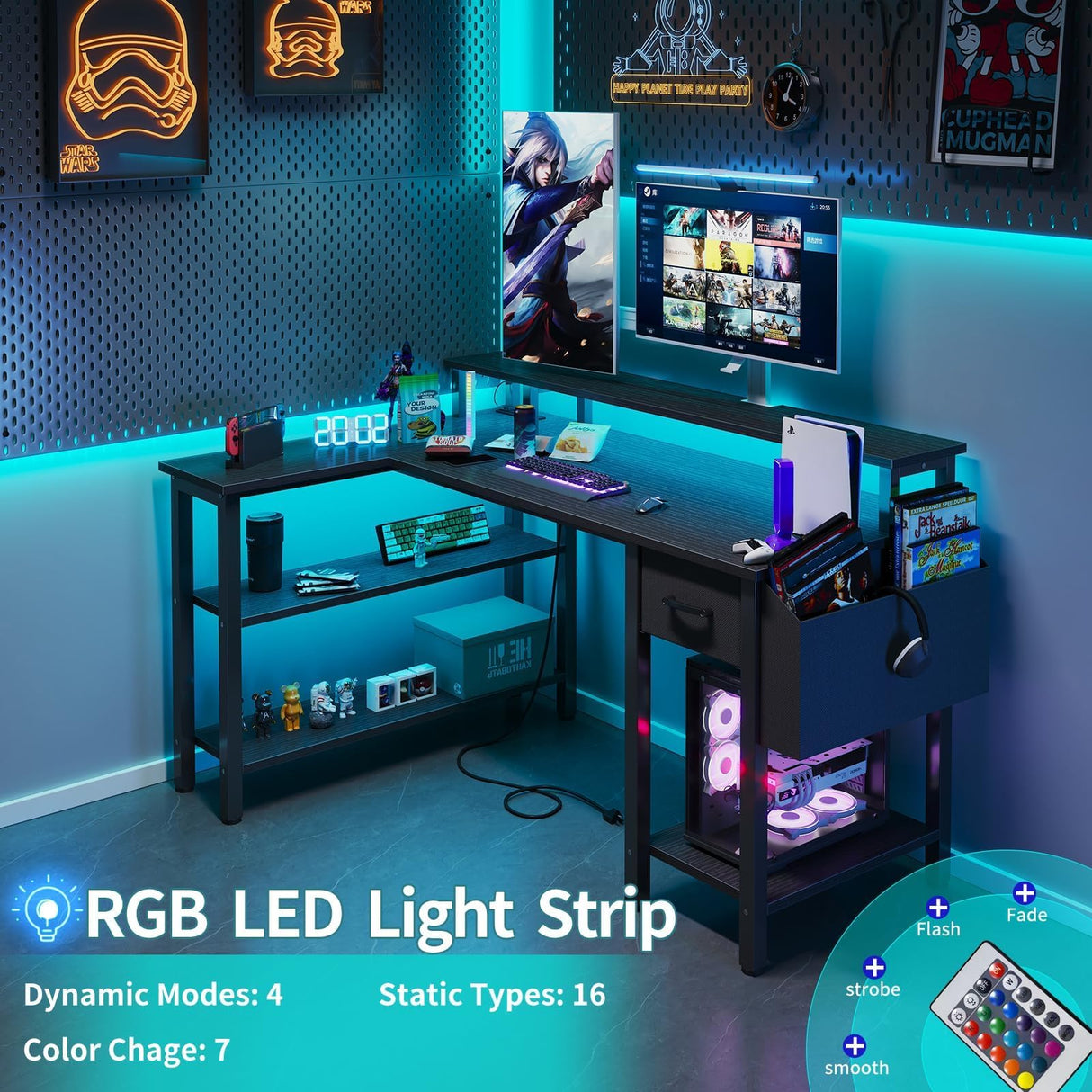 Lufeiya L Shaped Gaming Desk with Fabric Drawers and Storage Shelves, 47 inch Home Office Desk with Monitor Stand, Computer Desk with LED Lights and Power Outlets, Black Lufeiya