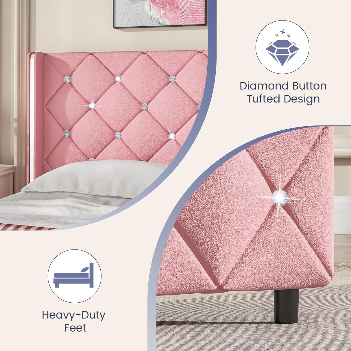 Queen Size Bed Frame with Diamond Headboard, Pink Bed Frame Queen, Upholstered Platform Bed Frame Faux Leather, Adjustable Crystal Button Tufted Headboard, Wood Slat Support, Easy Assembly, Pink HOMBCK