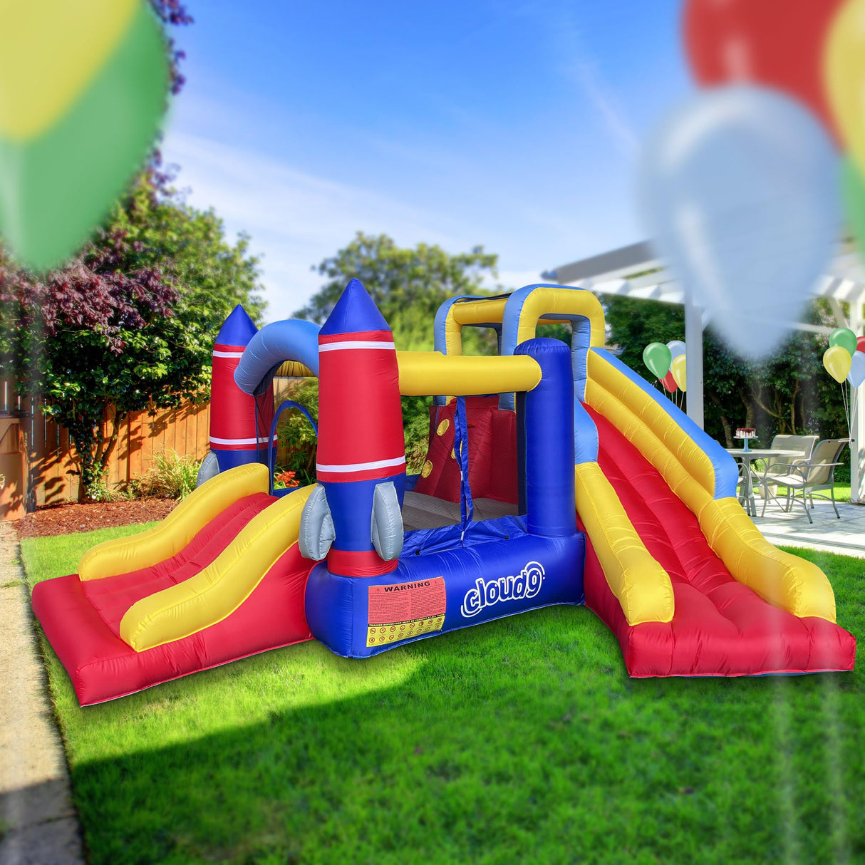 Cloud 9 Inflatable Rocket Bounce House with Blower, Bouncer for Kids with Two Slides and Large Jumping Area Cloud 9