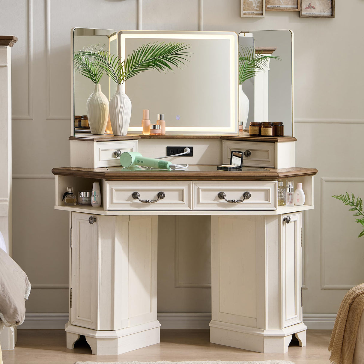 T4TREAM Makeup Vanity Desk 48" with 3 Way Mirror and Lights, Large Farmhouse Corner Vanity Dressing Table with Glass Top & Charging Station, 3 Drawers & 2 Storage Cabinets for Bedroom, Antique White T4TREAM