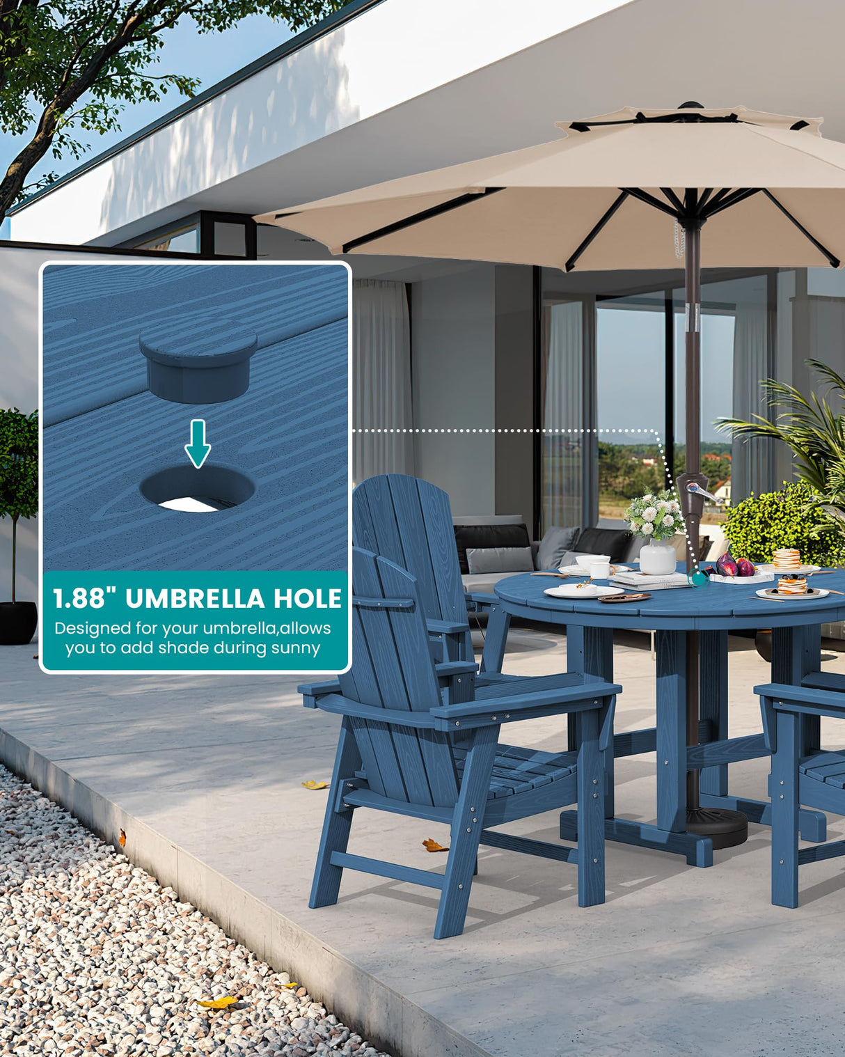 SERWALL 5-Piece Patio Dining Sets, HDPE Outdoor Table and Chairs Furniture Set, 45" Round Dining Table and 4 Adirondack Dining Chair, Navy SERWALL