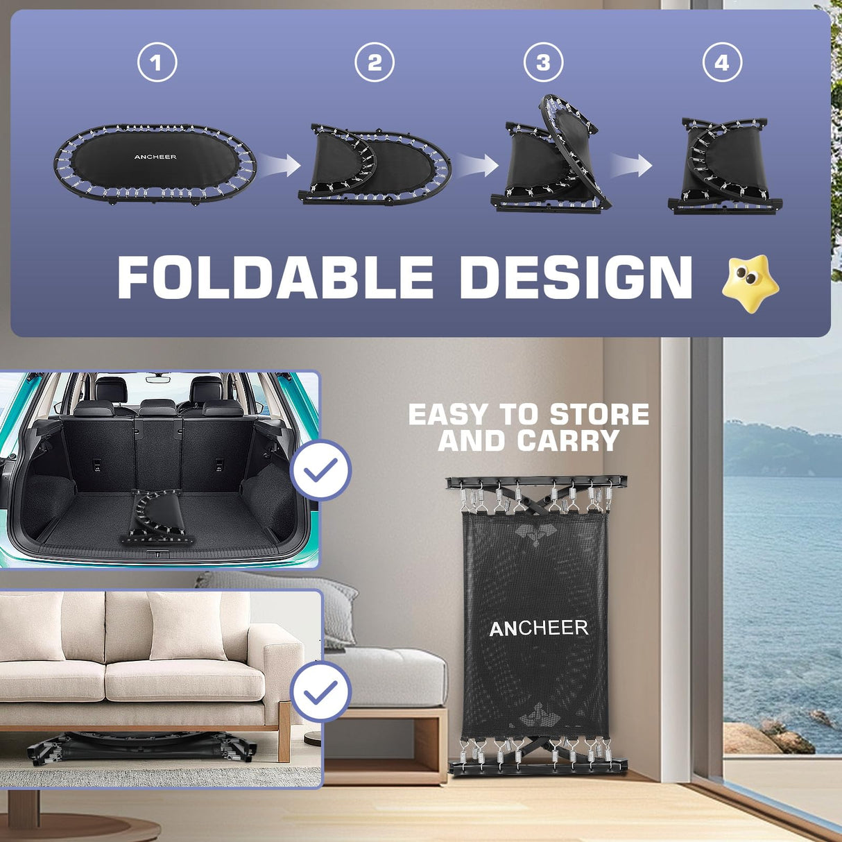 ANCHEER 56" Double Mini Trampoline for Kids, Mini Rebounder with 5-Level Adjustable Handle, Parent-Child Trampoline for Kids, Max Load 220lbs, Fun for Indoor/Outdoor ANCHEER