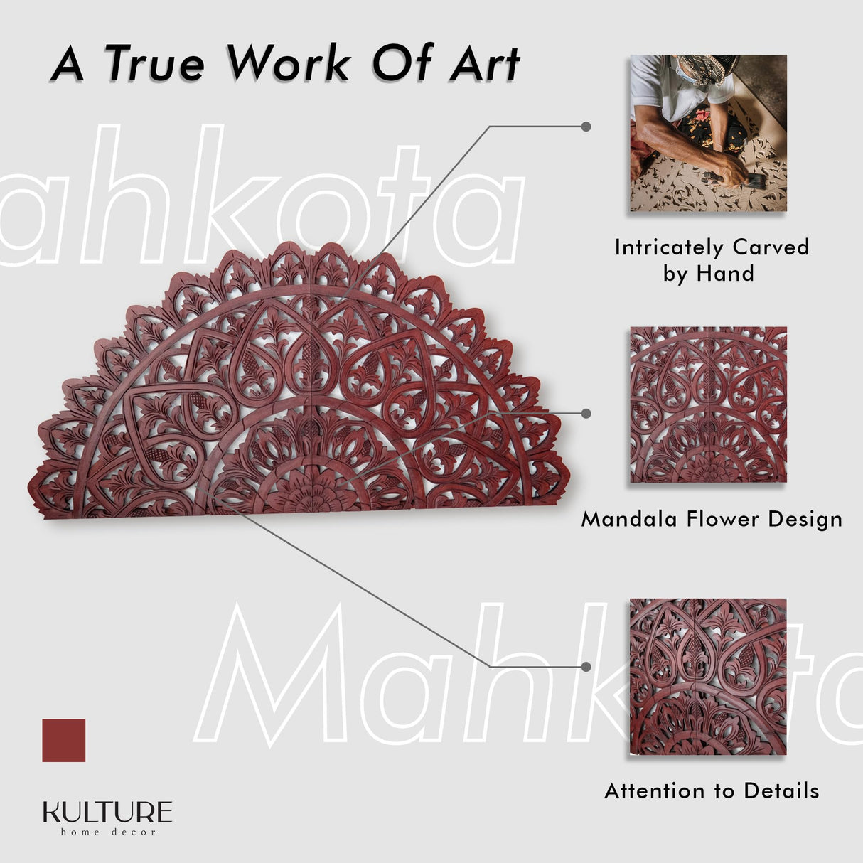 Half Moon King Wood Headboard Rustic | Carved Full Headboard Only | Wooden Headboard Full Size Bed | Wall Mount Headboard King | Full Bed Headboard Panels (Mahkota Dark Brown, Cal King) KultureDeco