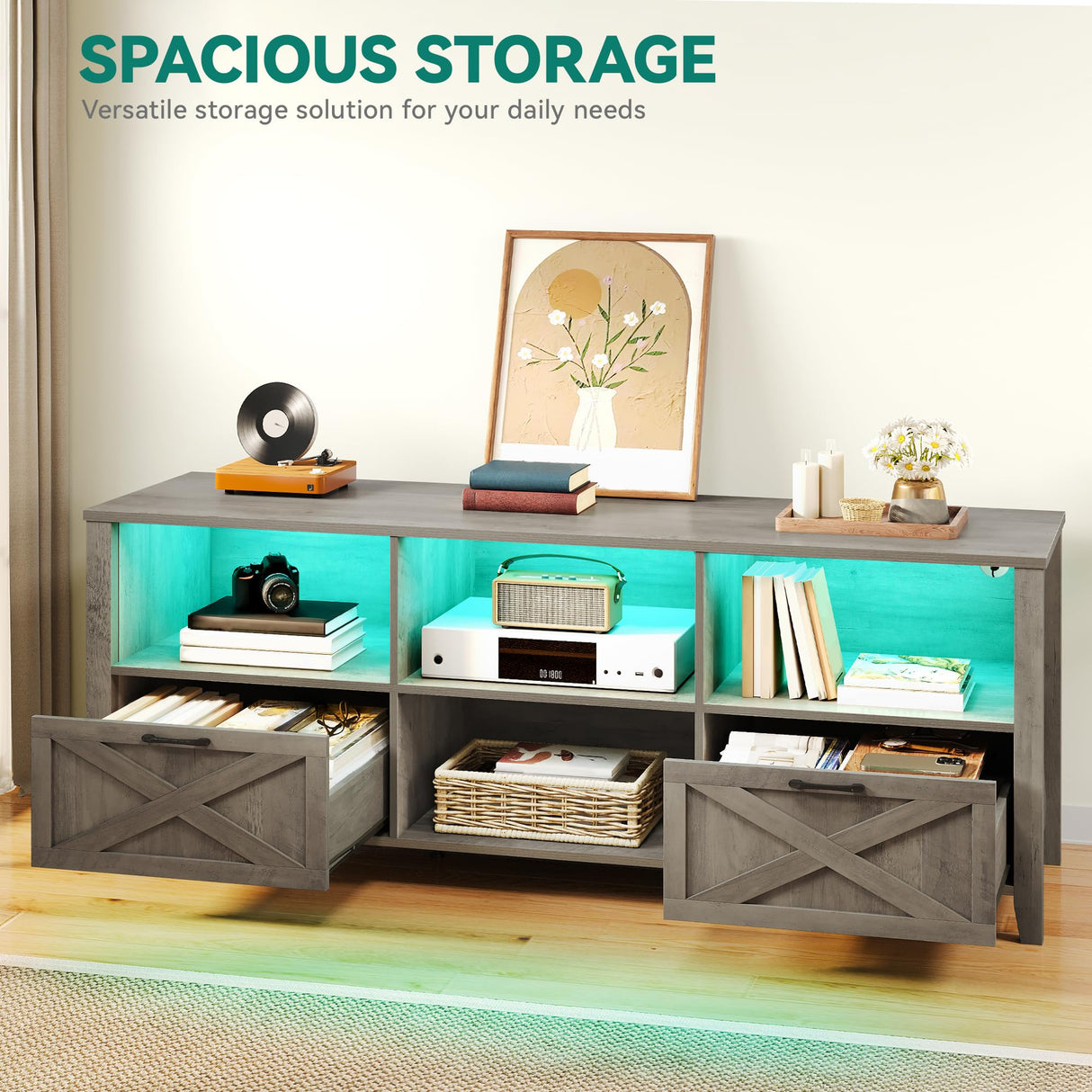 YITAHOME 70 Inch Farmhouse TV Stand with LED Lighting, Fits TVs up to 80 Inches, Media Console with Storage and Customizable Divider, Entertainment Center for Living Room (Grey) YITAHOME