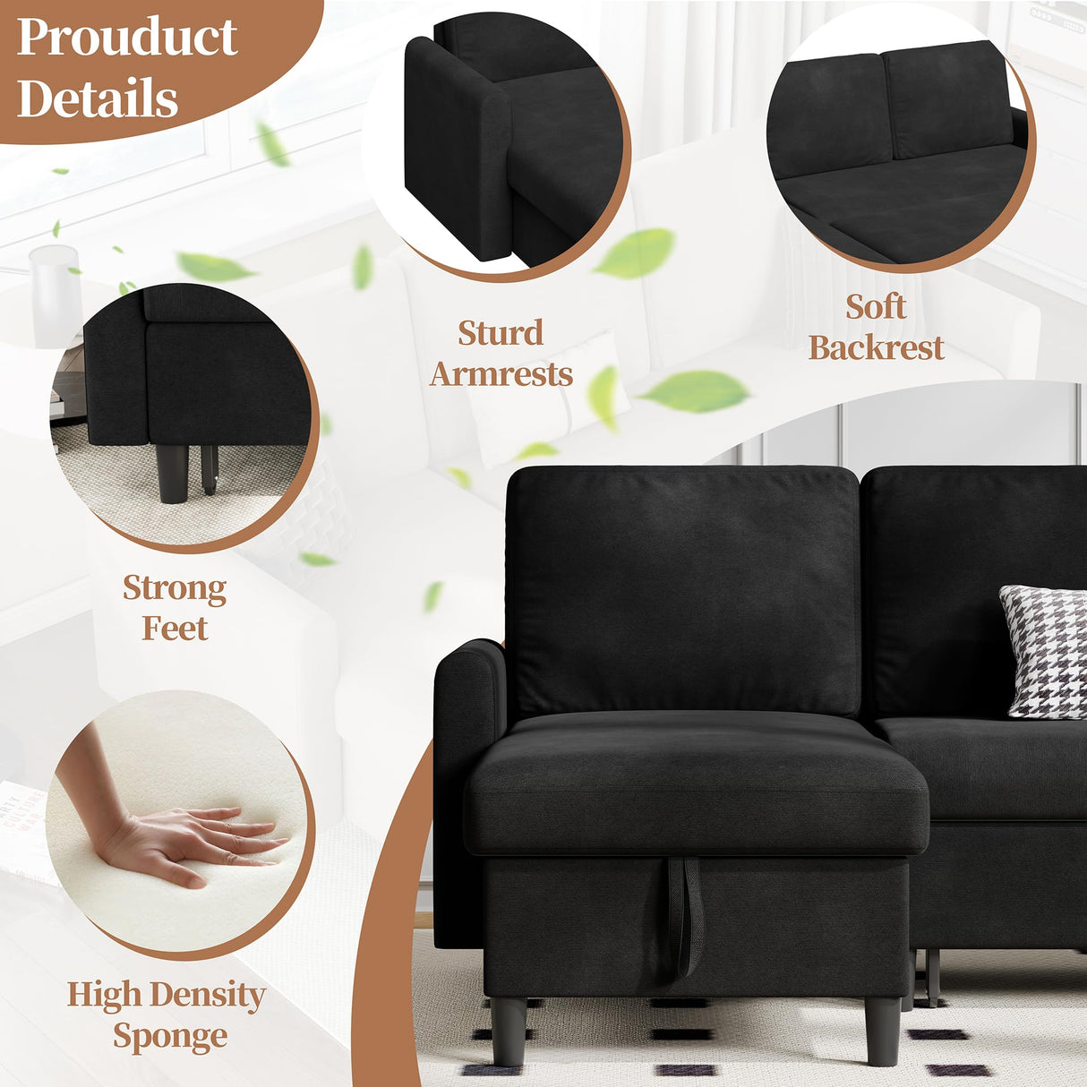 Walsunny Sectional Sofa Couch Bed L Shaped Sleeper Sofa Bed Pull Out Bed with Storage, Reversible Sectional Couches for Living Room, Apartment, Office(Black) Walsunny