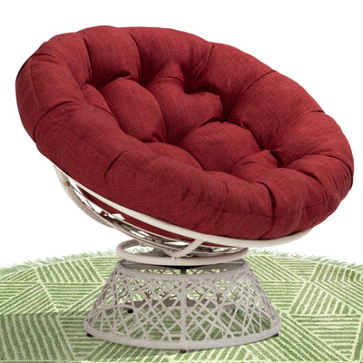 Bme 40" Ergonomic Wicker Papasan Chair with Soft Thick Density Fabric Cushion, High Capacity Steel Frame, 360 Degree Swivel for Living, Bedroom, Reading Room, Lounge, Cherry Sangria - White Base