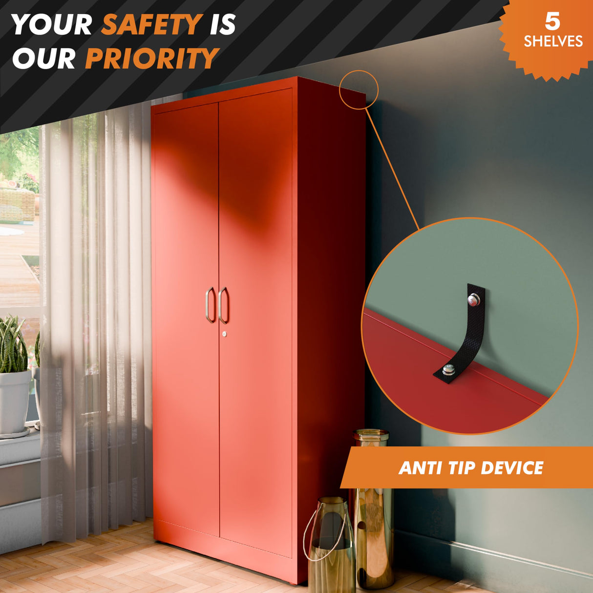 METALTIGER Locking Metal Storage Cabinet | Garage Storage Cabinet with Doors | 71" Lockable Tool Cabinet | Metal Cabinets for Home Office (71" 2-Doors Key, Red) METALTIGER