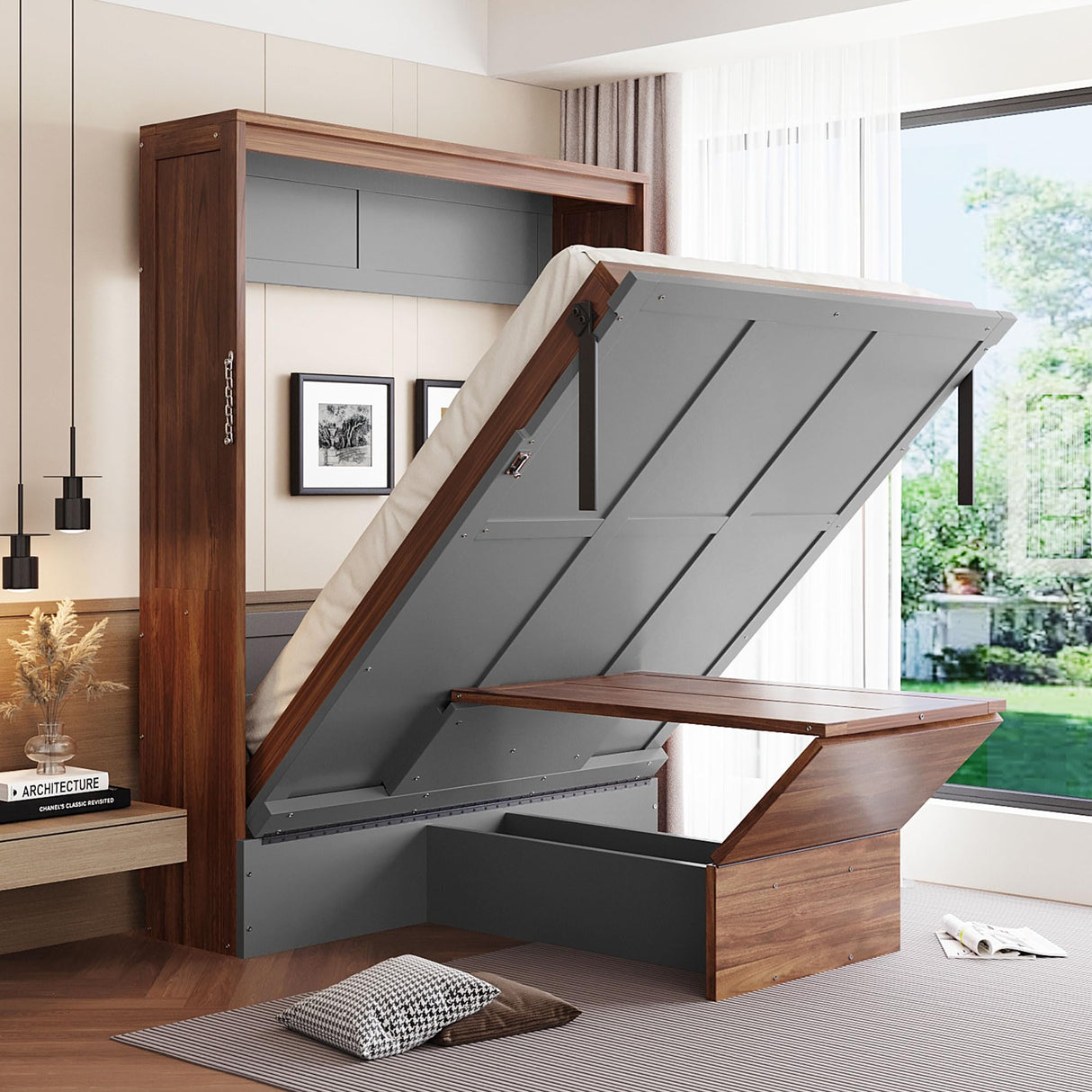 THINK 30 Murphy Bed with Foldable Desk – Space Saving Wall Bed, Full Size, Walnut & Gray THINK 30