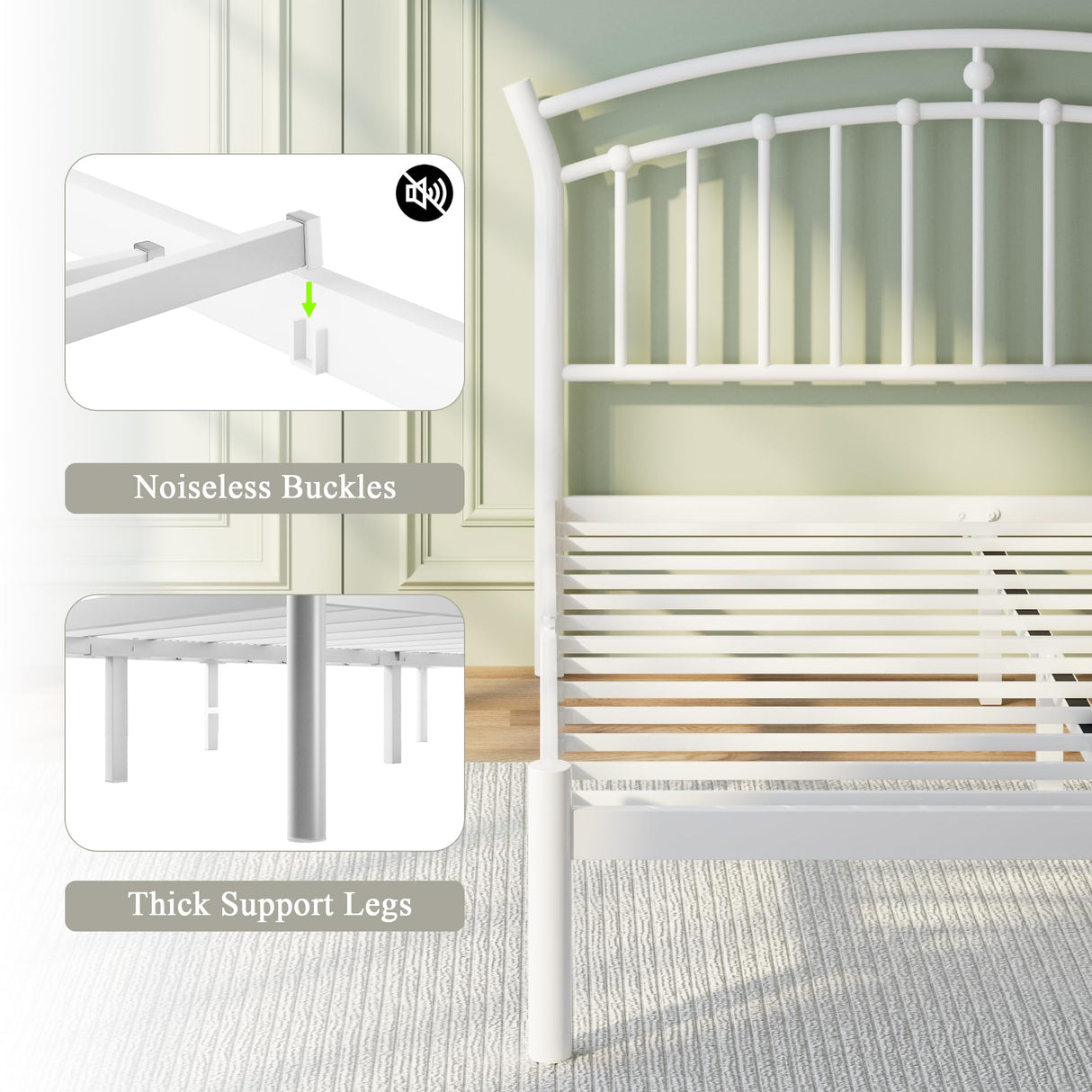 Feonase Queen Size Metal Bed Frame with Retro Headboard, Hardened Steel Tube, 12" Under-Bed Storage, No Box Spring Needed, Easy Assembly, White Feonase