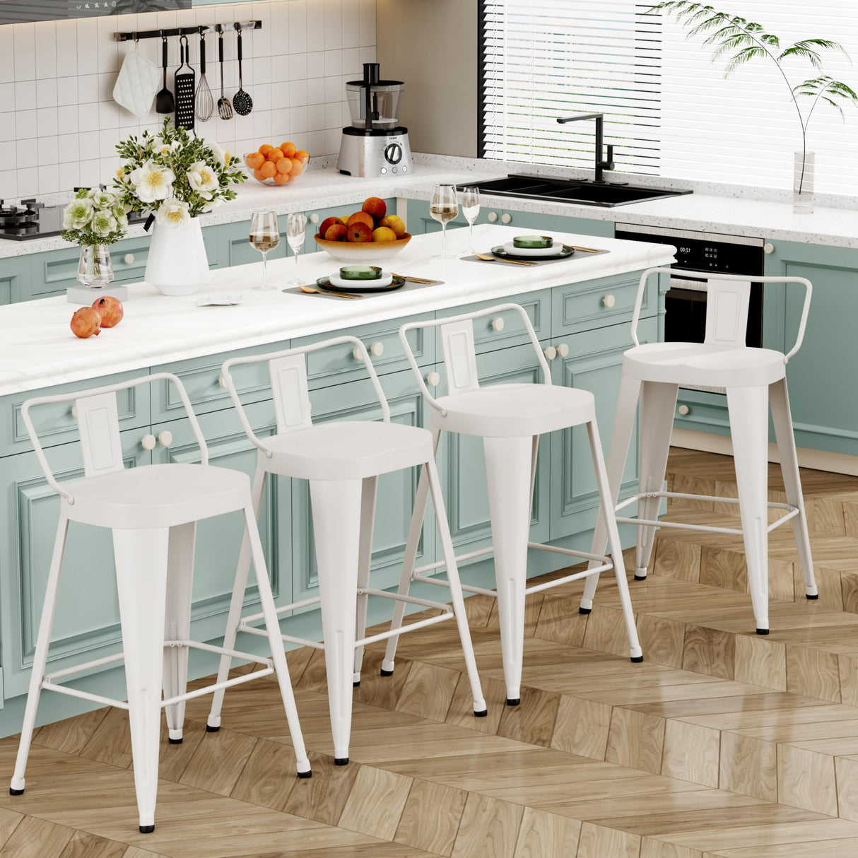 ALISH 30 Inch Bar Stools Set of 4, Industrial Metal Barstools Farmhouse Bar Chairs with Large Seat for Kitchen Island (30 Inch, White) ALISH