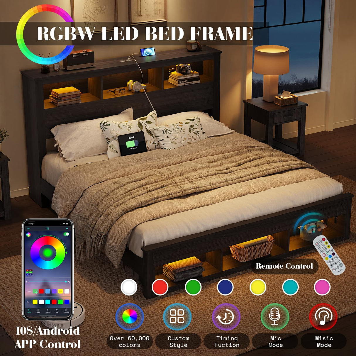 Albott King Size Farmhouse Bed Frame with Storage Bookcase Headboard and Footboard, Storage Wood Platform Bed Frame with Wood Slats Support, Noiseless LED Bed Frame, No Box Spring Needed, Black Albott