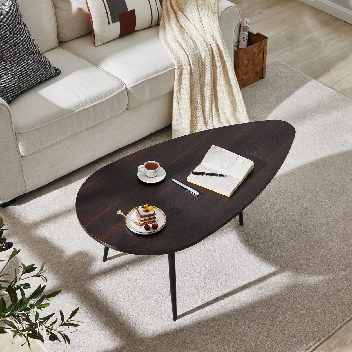 SAYGOER Oval Coffee Table Espresso Wood Mid Century Modern Coffee Tables Unique Retro Farmhouse Accent Center Sofa Rustic Table for Living Room Home Office Easy Assembly, Dark Brown SAYGOER