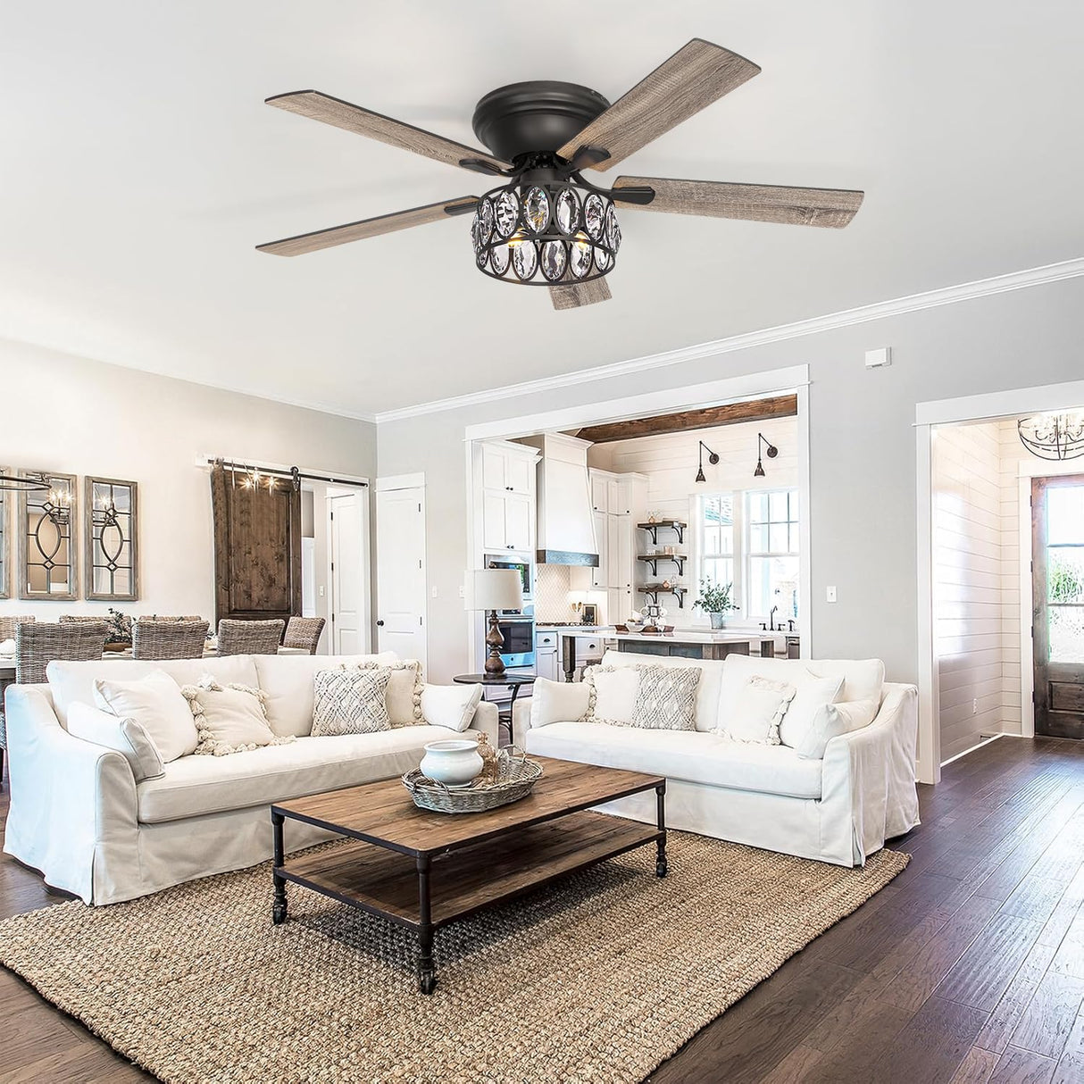 52 inch Flush Mount Black Ceiling Fans with Light Remote Control, 5 Reversible Blade Farmhouse Low Profile Ceiling Fan with Crystal Lighting Chandelier for Bedroom Breezary