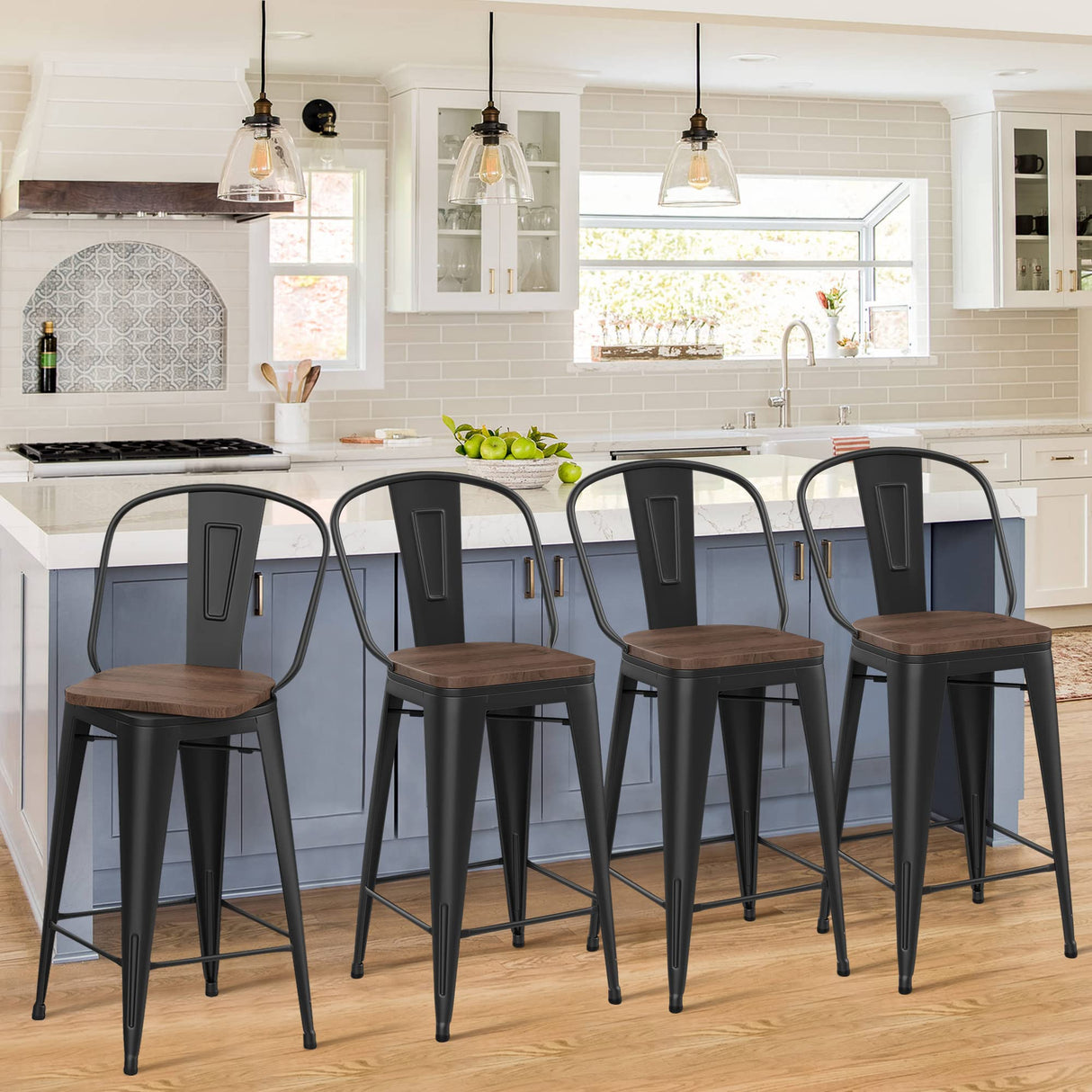 Alunaune 26" Swivel Metal Bar Stools Set of 4 High Back Counter Height Barstools Industrial Dining Bar Chairs with Large Wooden Seat-Matte Black Alunaune
