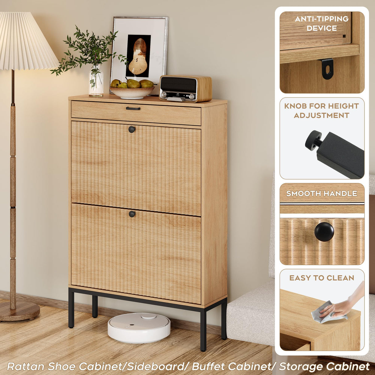 Brafab Shoe Storage Cabinet with 2 Flip Drawers&1 Small Drawer, Slim Entryway Shoe Organizer with Fluted Panel Doors for Sneakers,Light Beige Brafab