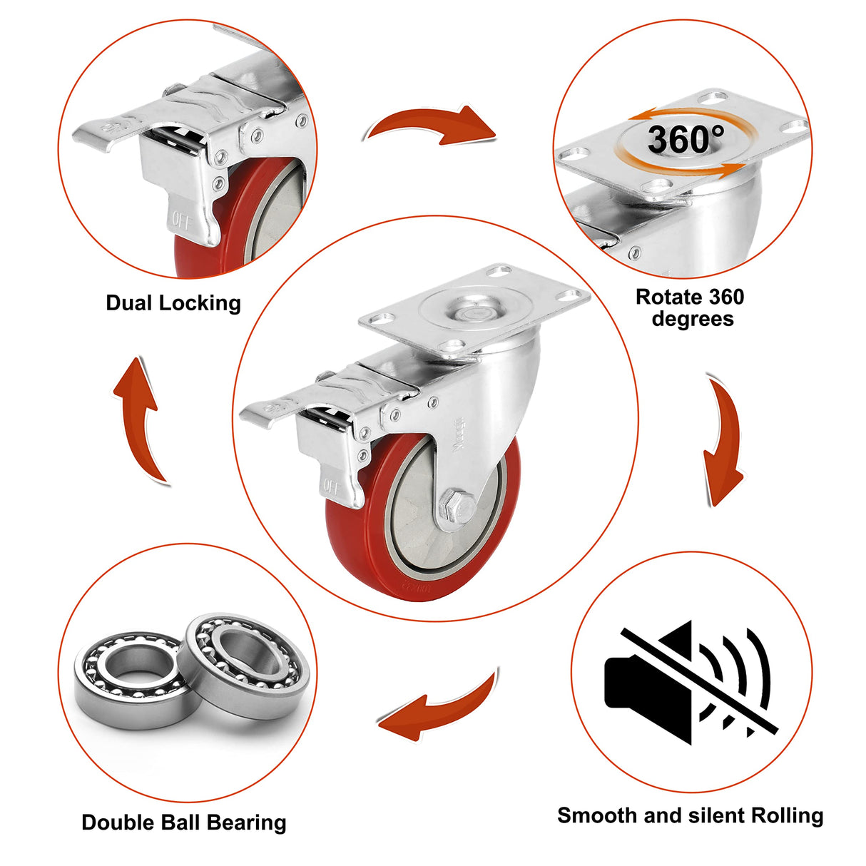 4 inch Heavy Duty Casters Load 1800lbs,Lockable Bearing Caster Wheels with Brakes,Swivel Casters for Furniture and Workbench,Set of 4 (Free Screws) Moogiitools