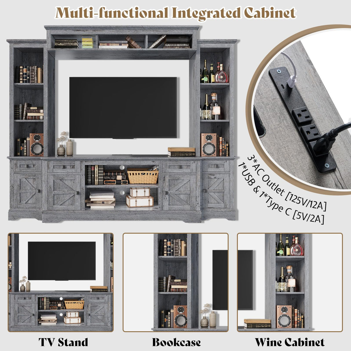 AMERLIFE 98" Farmhouse Entertainment Center Wall Unit with Bookshelves, Wine Cabinet, Fits 78" TVs, Large TV Stand with Power Outlets & Barn Door, Rustic Media Console for Living Room, Gray AMERLIFE