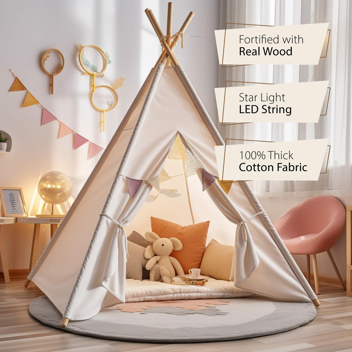 Teepee Tent for Kids, Cotton Kids Tent Indoor, Sleepover Play Tent, Kids Teepee Tent, Party Tents for Kids Indoor for Parties, Teepee Tent for Boys, Atlasonix