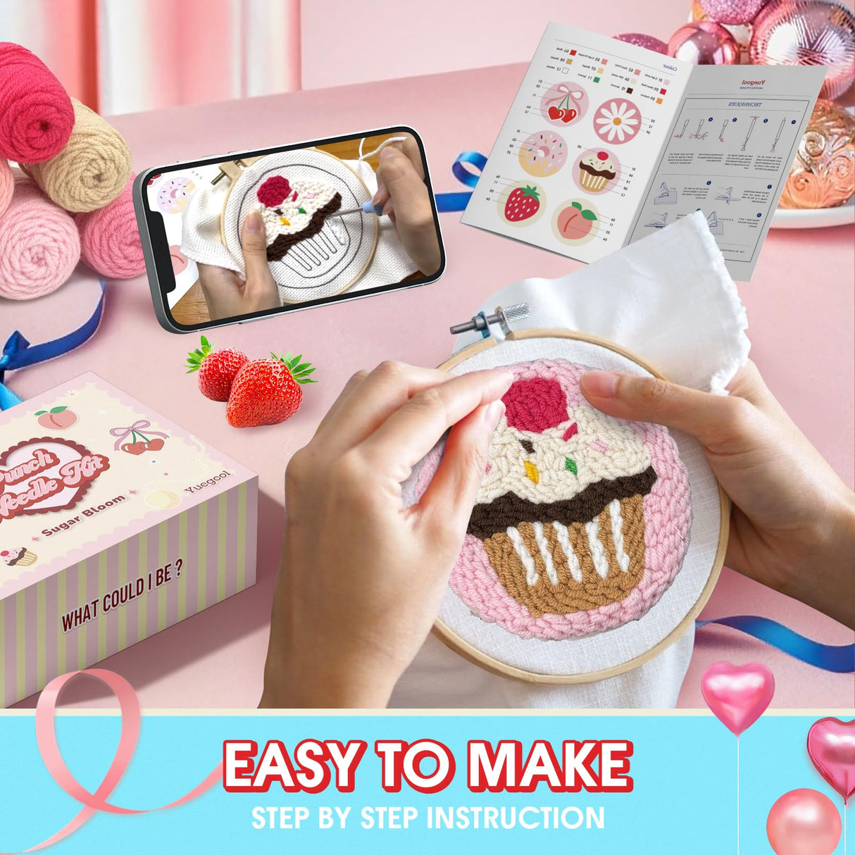 yuegool 6PCS Punch Needle Coaster Kit,Easy DIY Embroidery Set for Beginners, Kids & Adults with Patterns, Tools, Yarns, Hoop, Instructions & Coaster Holder yuegool