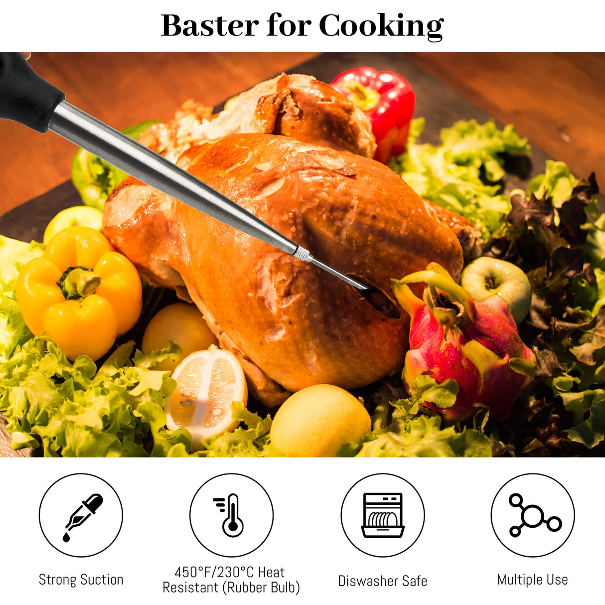 Turkey Baster Syringe for Cooking, Large Stainless Steel Meat Injector, with Cleaning Brush and 2 Marinade Needles, Black Omoojee