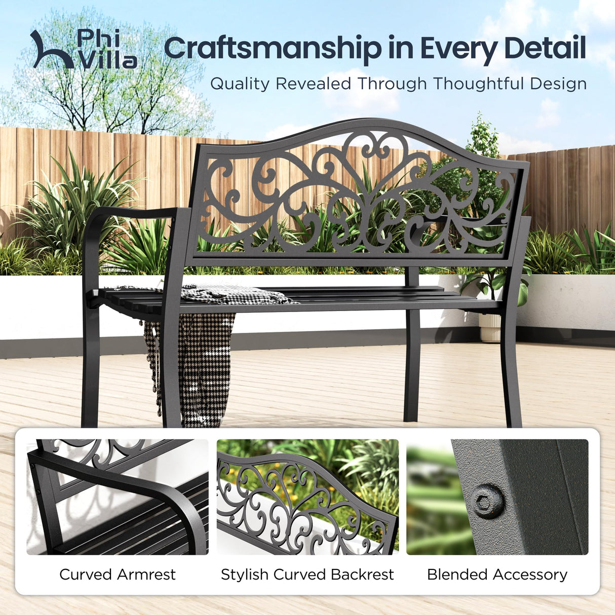 PHI VILLA 43 Inch Cast Iron Steel Frame Outdoor Garden Bench, Patio Furniture Chair Bench w/Floral Design Backrest, Slatted Seat for Park, Yard, Porch - Black PHI VILLA