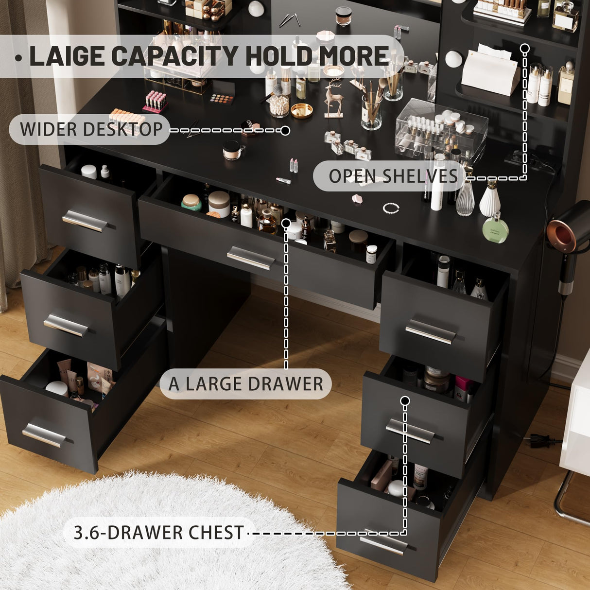 Furmax Vanity Desk with Mirror, LED Lights and Power Outlet Makeup Vanity Table with 7 Drawers and 6 Storage Shelves Dressing Table for Bedroom Dressing Room (Black) Furmax