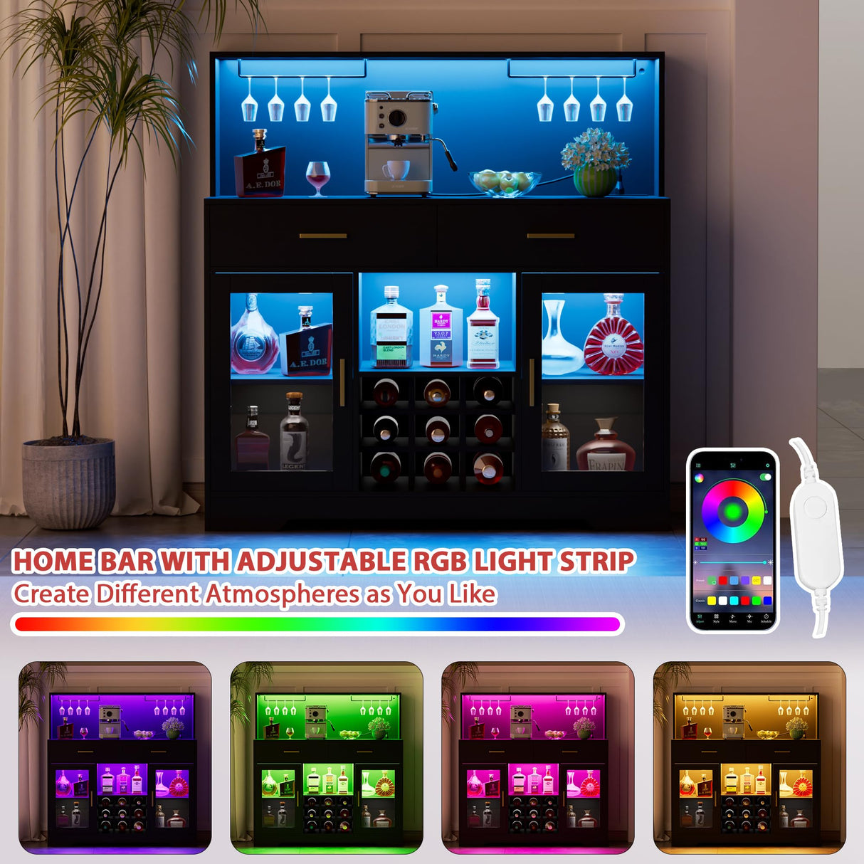 Wine Bar Cabinet with LED Light, Kitchen Coffee Bar Cabinet with Power Outlet, Home Liquor Cabinets with Glass Holder and Wine Racks, Modern Buffet Sideboard with Storage for Living Room, Kitchen SAHISTCT