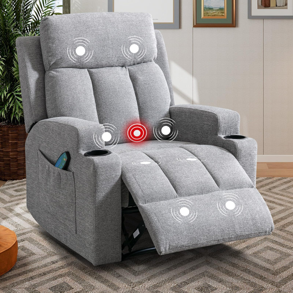 Phoenix Home Manual Recliner Chair with Massage and Heat for Living Room Overstuffed Breathable Fabric Reclining Chair with 2 Side Pockets, 2 Cup Holders, Remote Control, Gray Phoenix Home