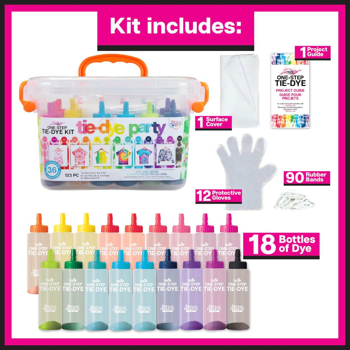 Tulip One-Step Tie-Dye Party, 18 Pre-Filled Bottles, Creative Group Activity, All-in-1 Fashion Design Kit, 1 Pack, Rainbow Tulip