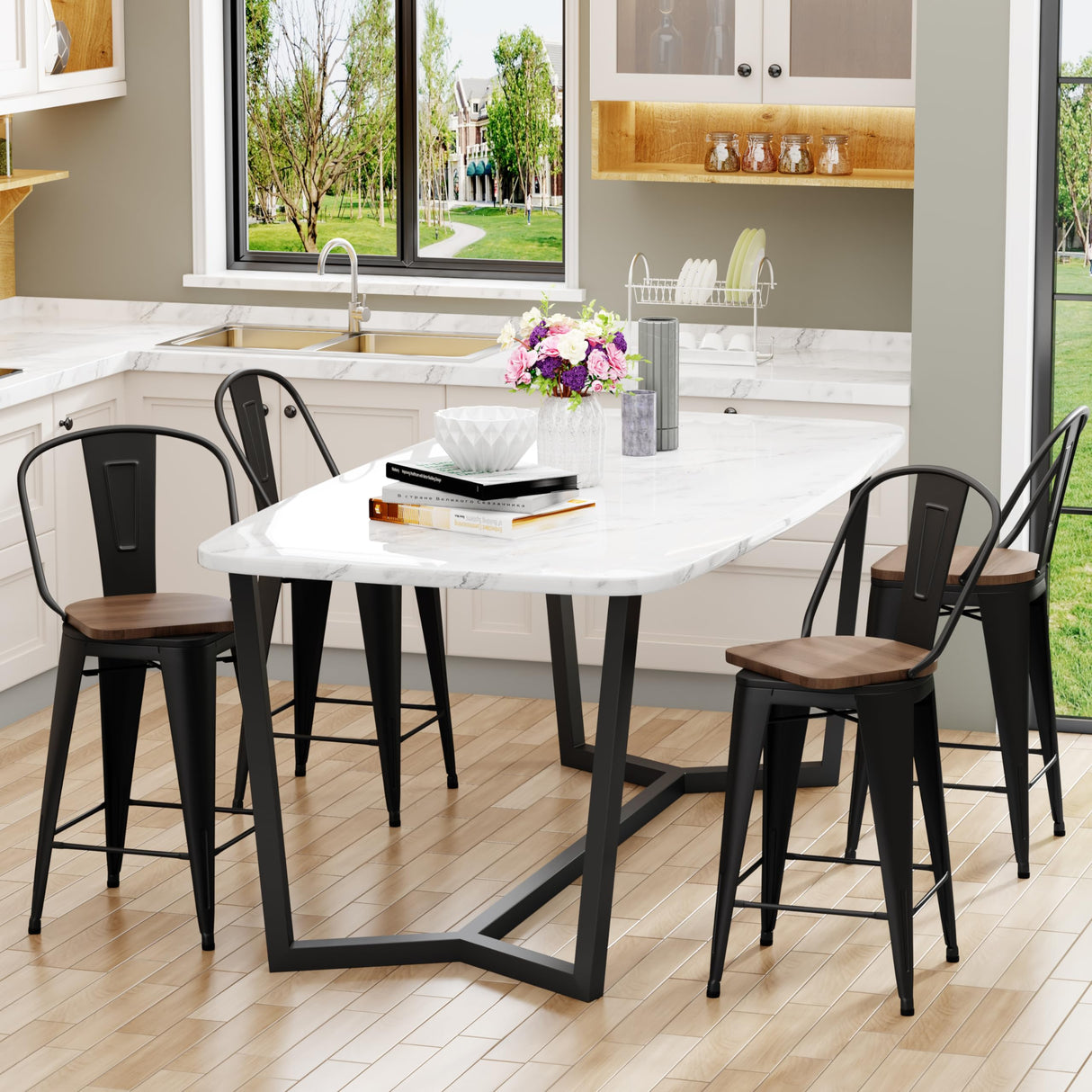 Aklaus Swivel Metal Bar Stools with Backs Counter Stools Set of 4 Counter Height Stools High Back Bar Chairs 24 Inch Barstools Farmhouse Matte Black Aklaus