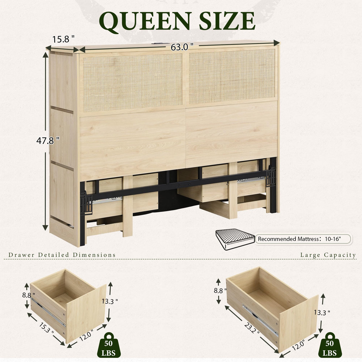 Yechen 48" Natural Rattan Headboard Queen Size with 6 Storage Drawers and Charging Station, Tall Light Wood Boho Queen Headboard Only, Freestanding Wicker Sturdy Frame Wall Headboards, Natural Yechen