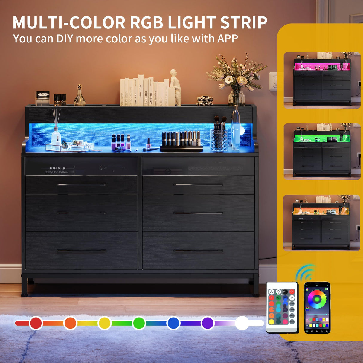 DWVO 6 Drawer Dressers with LED Light, Dresser & Chests of Drawers with Charging Station, Modern Dresser with Open Shelf Storage for Room, Entryway, Hallway, Black DWVO