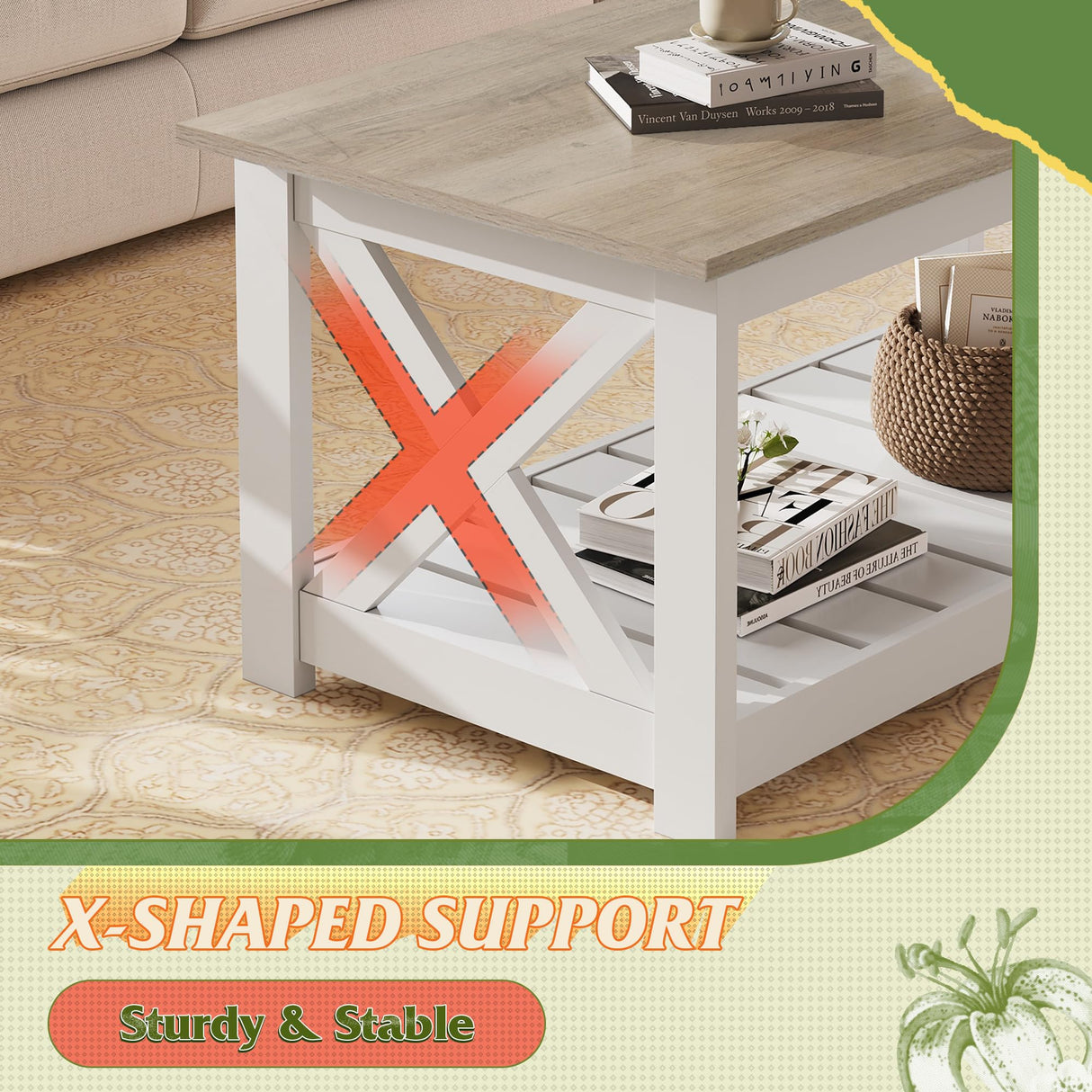 WLIVE Farmhouse Coffee Table for Living Room, 40.1" Rustic Center Table with X-Frame Support & Storage Shelf, 2-Tier Wood Coffee Tables for Bedroom & Balcony, Grey & White WLIVE