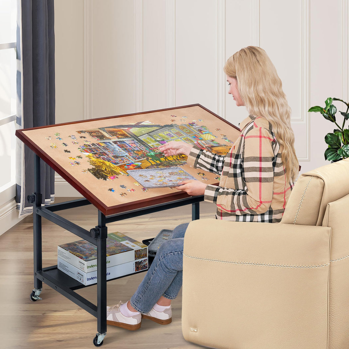 Lavievert Jigsaw Puzzle Table with Cover, Angle & Height Adjustable Puzzle Board Easel with Open Storage Shelf, Large Tilting Table with 4 Rolling Wheels for Up to 1500 Piece Puzzles LAVIEVERT
