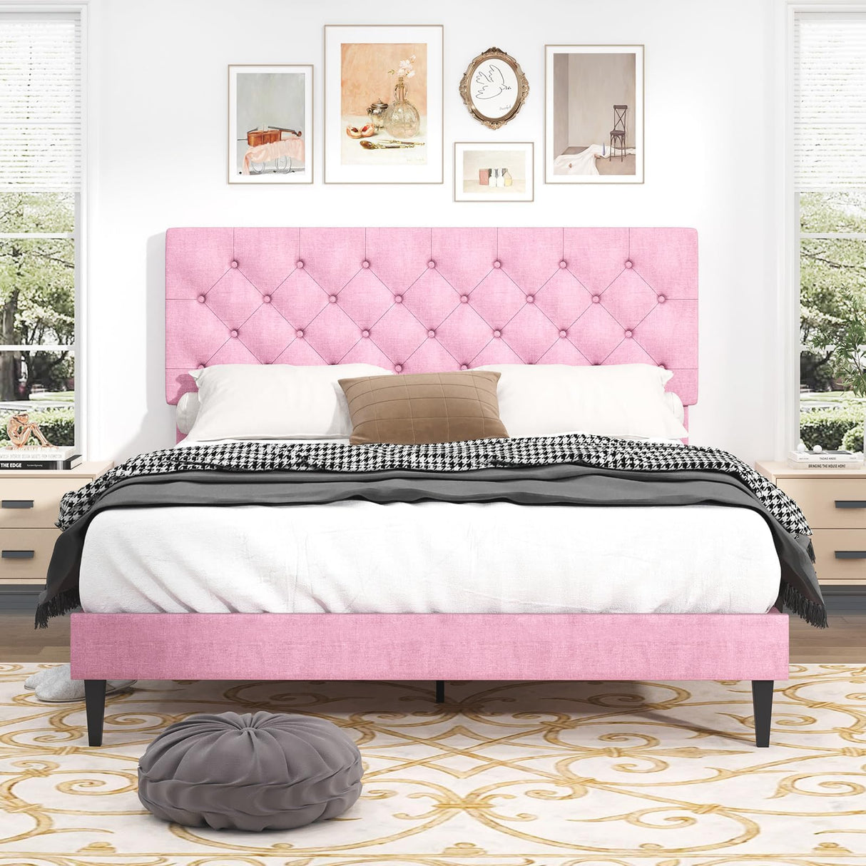 Queen Bed Frame, Upholstered Platform Bed with Button Tufted Headboard, Fabric Queen Size Beds with Wooden Slats Support, No Box Spring Required, Easy Assembly, Pink BarnFurin