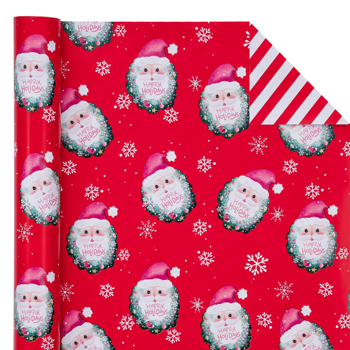 WRAPAHOLIC Reversible Christmas Wrapping Paper - Mini Roll - 17 Inch x 33 Feet - Red Santa Claus and Stripes Design for Christmas, Holiday, Party Celebration WRAPAHOLIC