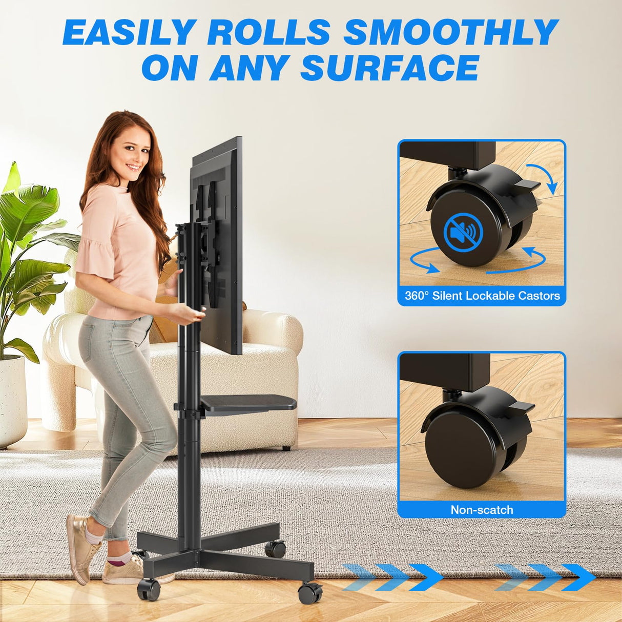 Rfiver Rolling TV Stand with Laptop Shelf, Mobile TV Stand with Upgraded Wheels for 32-70 Inch TVs, Height Adjustable Mobile TV Cart up to 88lbs, Portable TV Stand for Outdoor, Home, Office Rfiver