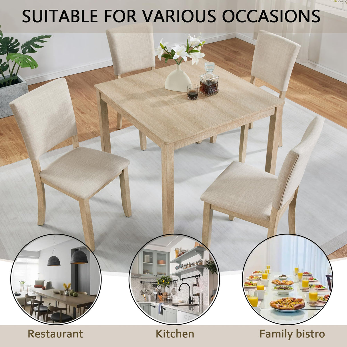 Harper & Bright Designs Modern 5-Piece Wooden Dining Table Set for 4 - Small Space 34.5" Square Kitchen Table & Upholstered Seats Chairs,Compact Apartment Dining Set,Light Oak + Beige Harper & Bright Designs