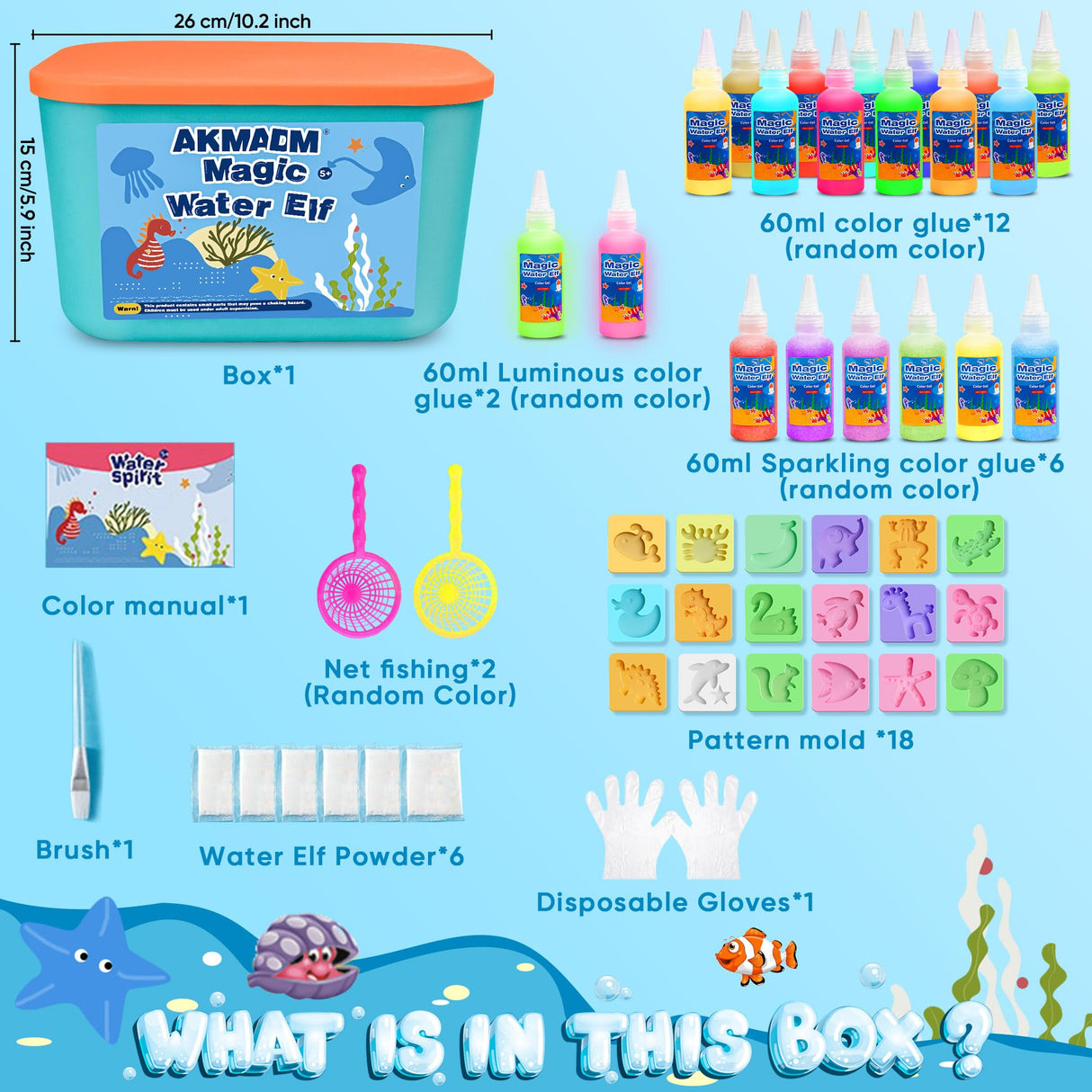 AKMADM Magic Water Elf Toy Kit for Kids - Aqua Fairy Water Gel Kit - 20 Colors*60ml Squishy Maker Set - 18 Shape Molds - Arts & Crafts Water Elf Creation kit - Children's DIY Marine Life (20 Colors) AKMADM